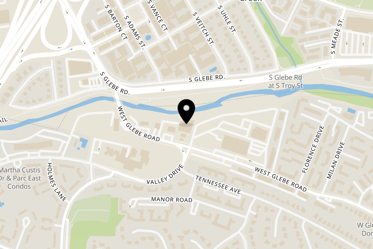 Map showing the location of Just Pupusas on 1033 W Glebe Rd in Alexandria